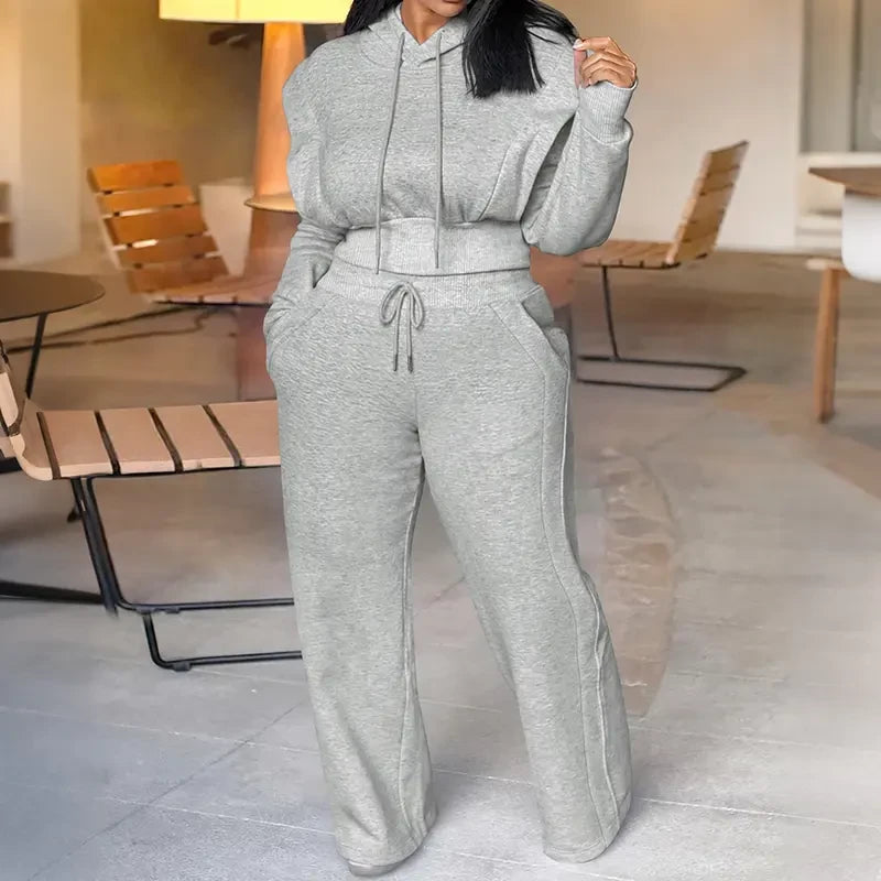 Hooded Long Sleeve Sweatshirt Wide Leg Sweatpants Set
